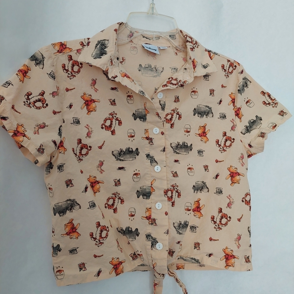 Disney Butter Yellow Character Print Crop Tie-front Button Up Top Size XS